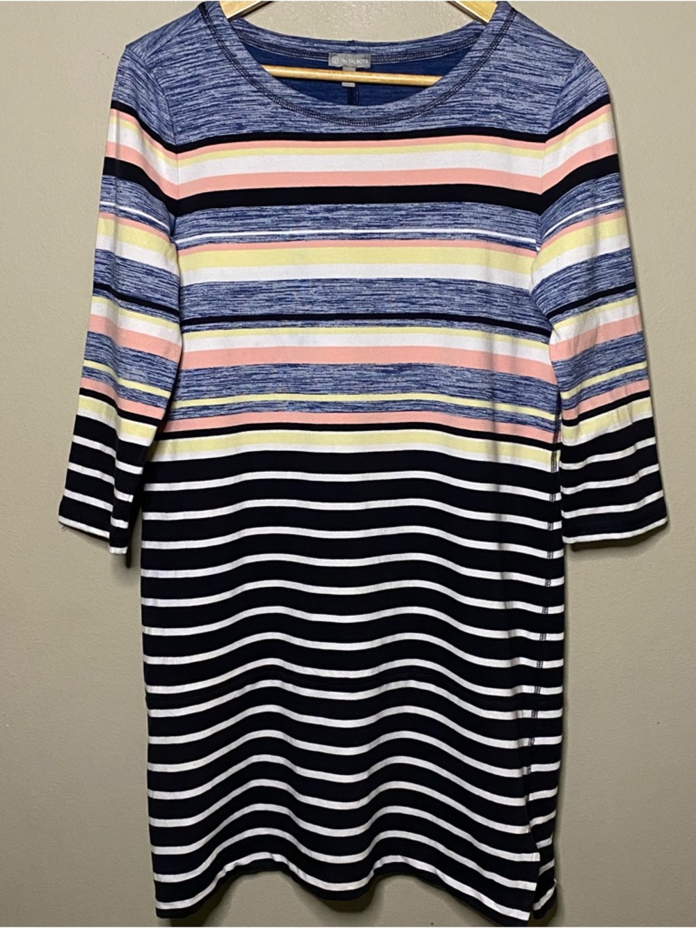 T By Talbots Colorful Multi Stripe Dress Medium Pink Black White Side Slits